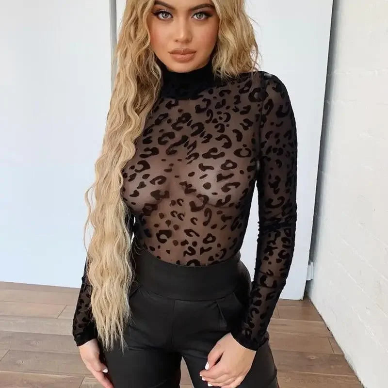 Sheer leopard print mesh bodysuit with turtleneck design perfect for fashionable looks