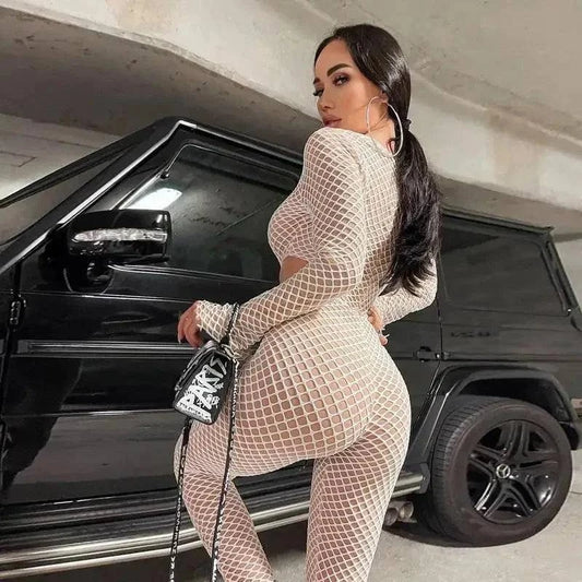 Beige Jumpsuit and Mesh Set Fashionsarah.com