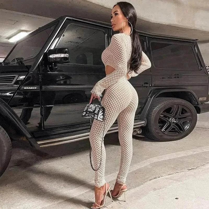 Beige mesh jumpsuit and crop top set for women from online boutique women’s fashion