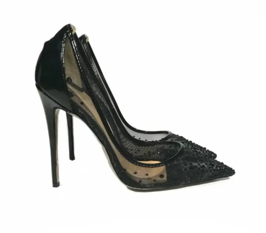 Black stiletto heels displayed in Black Mesh Stiletto Heels fashion store online boutique for women’s fashion