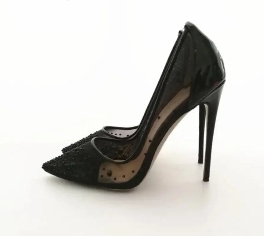 Black stiletto heel pump from Black Mesh Stiletto Heels Fashion Store, perfect for women’s fashion online boutique