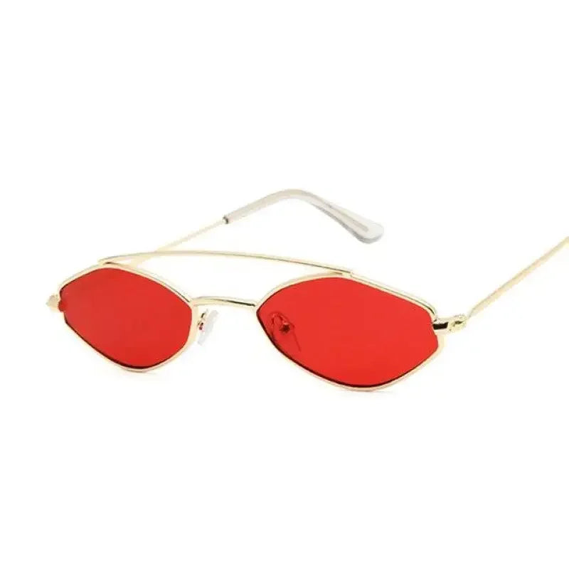 Red-lensed gold-framed oval sunglasses from Gold Framed Diamond Oval Sunglasses, perfect for women’s fashion at our online boutique