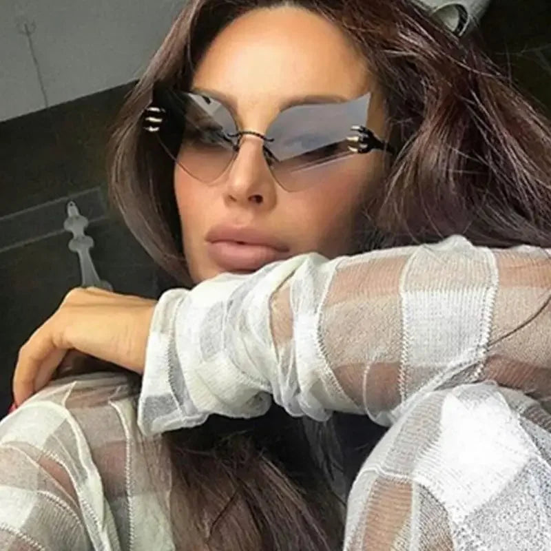 Rimless Cat Sunglasses Blue Pink Gradient with decorative accents for stylish eye protection