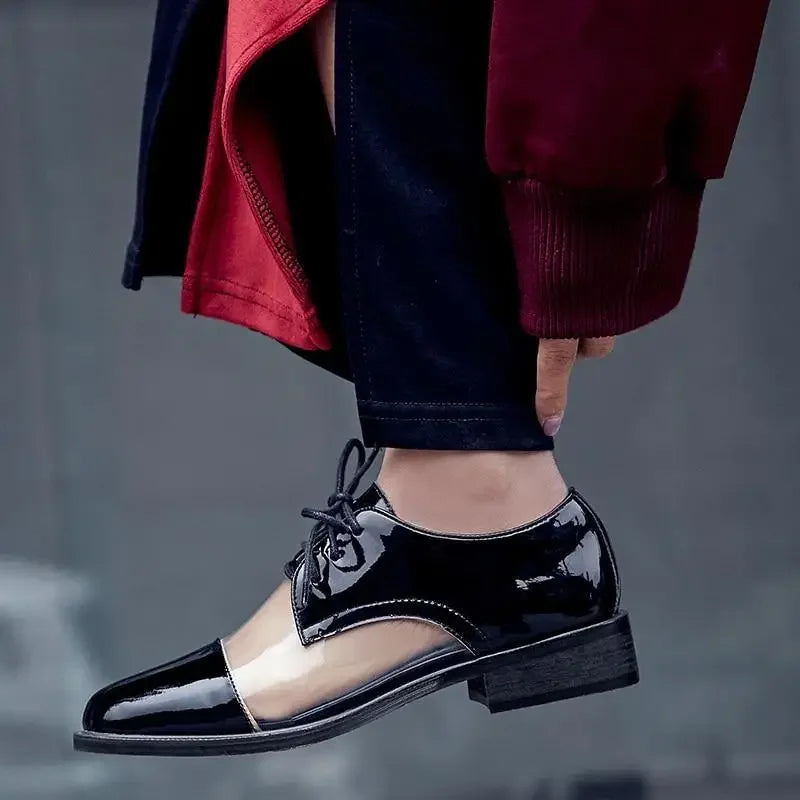 Black and clear patent leather oxfords shoe fashion for stylish oxfords shoe appearance