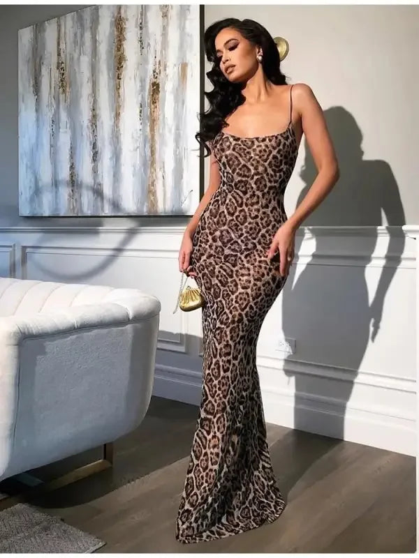 Satin leopard maxi dress Fashionsarah with spaghetti straps showcasing elegant print