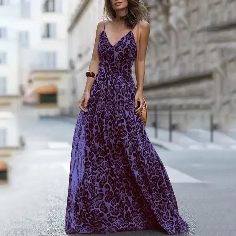 Purple leopard print maxi dress from Leopard Empire Dresses in empire style