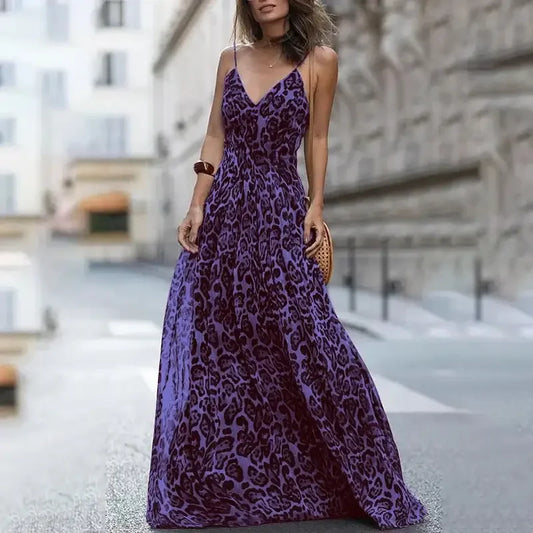 Purple leopard print maxi dress from Leopard Empire Dresses in empire style
