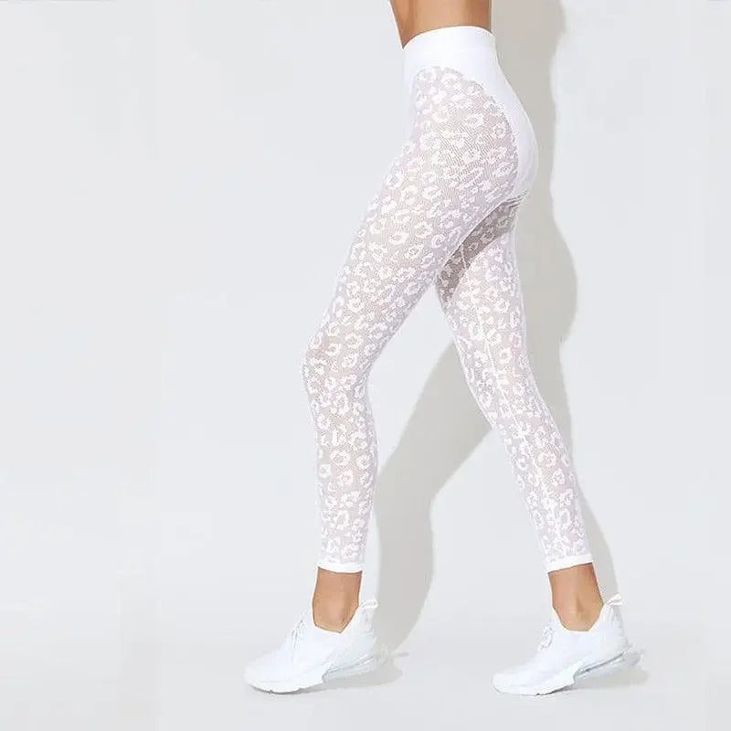 White leopard print leggings from White Lace Running Sportswear Set, perfect for running sportswear