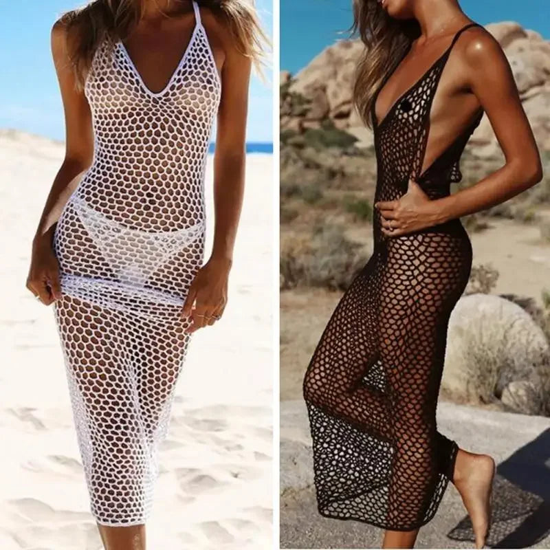 White crochet mesh beach cover up dress, perfect for women’s fashion at online boutique