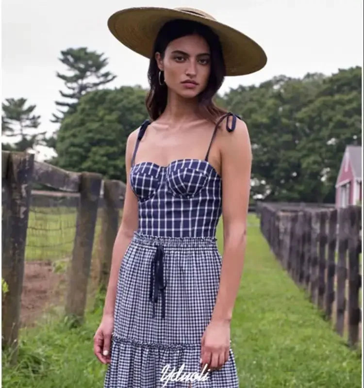 Plaid bustier dress with straw hat from Wide Brim Straw Hats collection