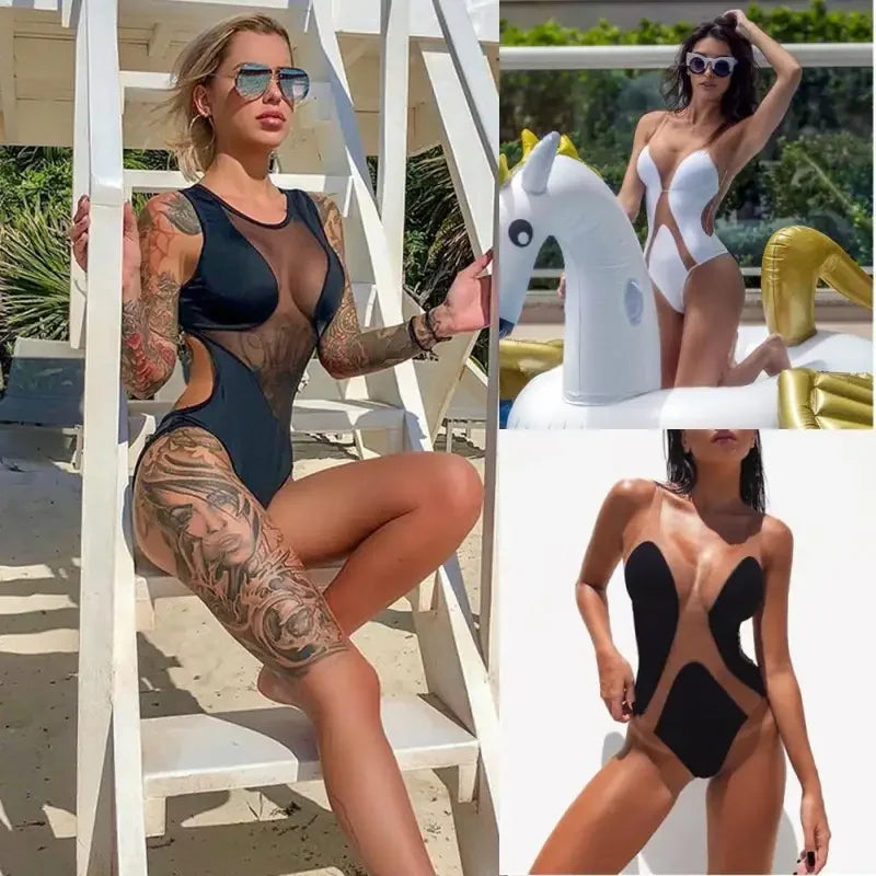 Swimsuit collage showcasing transparent monokini at online boutique for women’s fashion