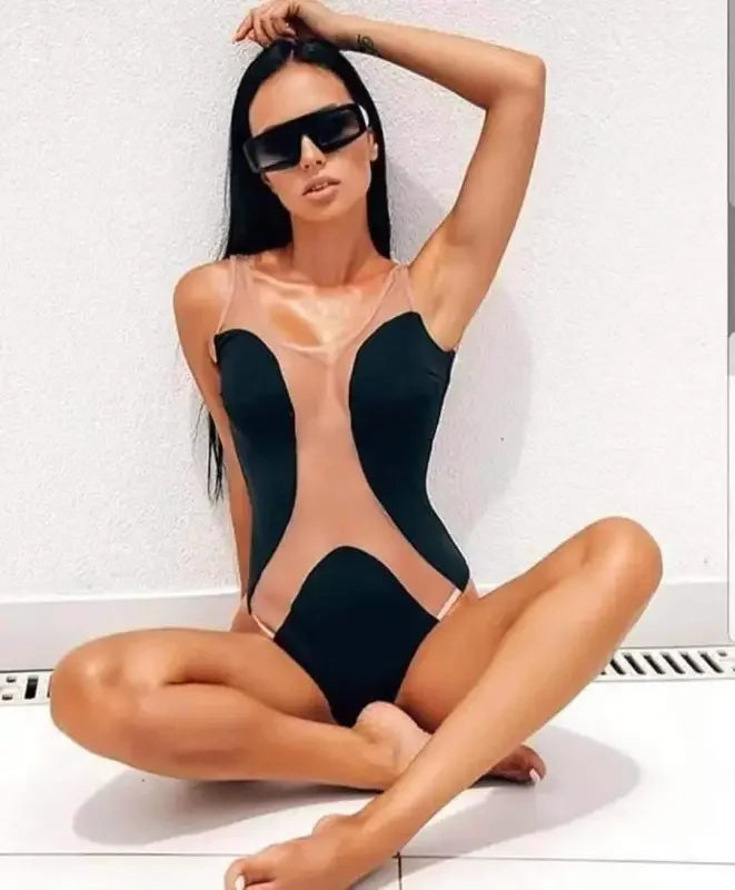 Black and tan one-piece swimsuit, transparent monokini at online boutique for women’s fashion