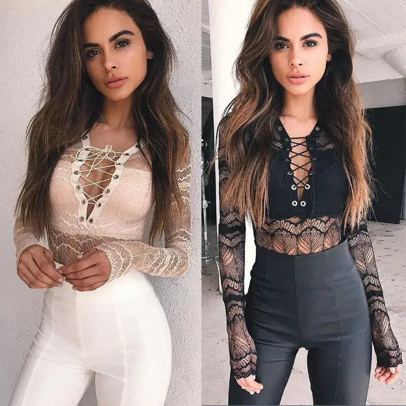 Long Sleeve Lace Up Bodysuit | Fashionsarah.com