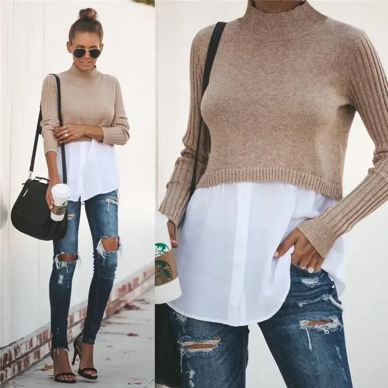 Woman’s casual outfit featuring a chic layered knit sweater and knit sweater shirt