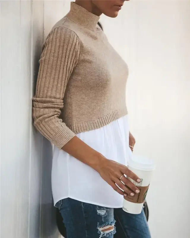 Tan cropped layered knit sweater shirt with white undershirt, Chic Layered Knit Sweater Look