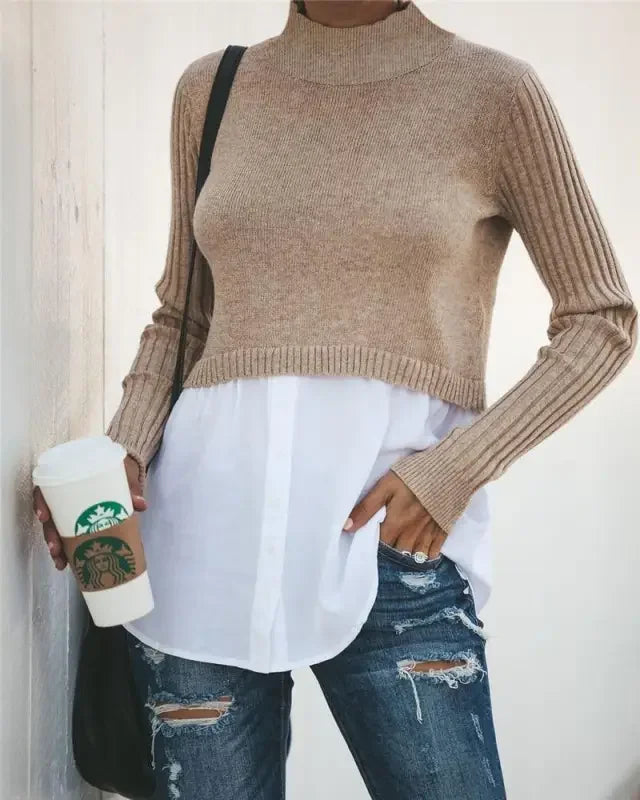 Stylish layered knit sweater shirt outfit showcasing chic layered knit fashion