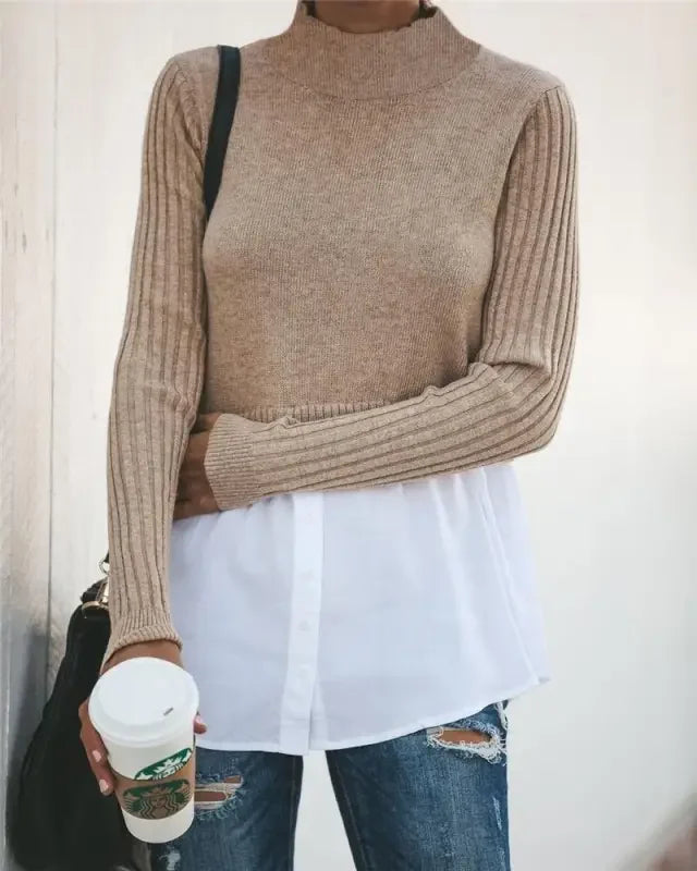Tan ribbed knit sweater shirt with white shirt and ripped jeans in chic layered knit style