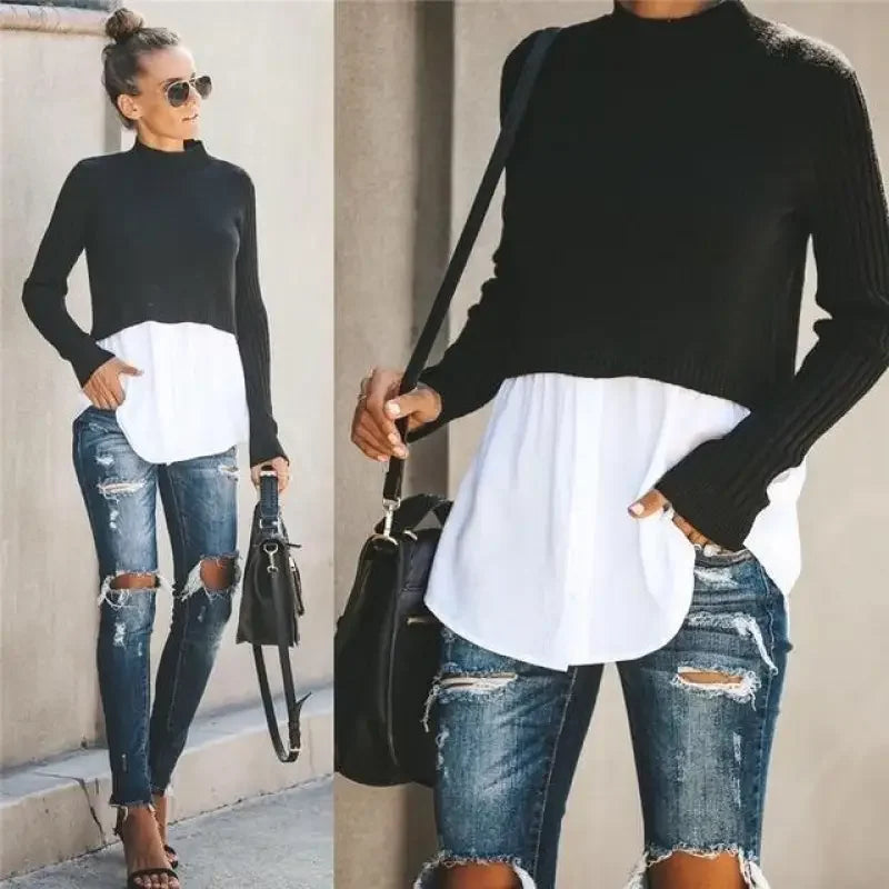 Woman in ripped jeans wearing a chic layered knit sweater shirt look