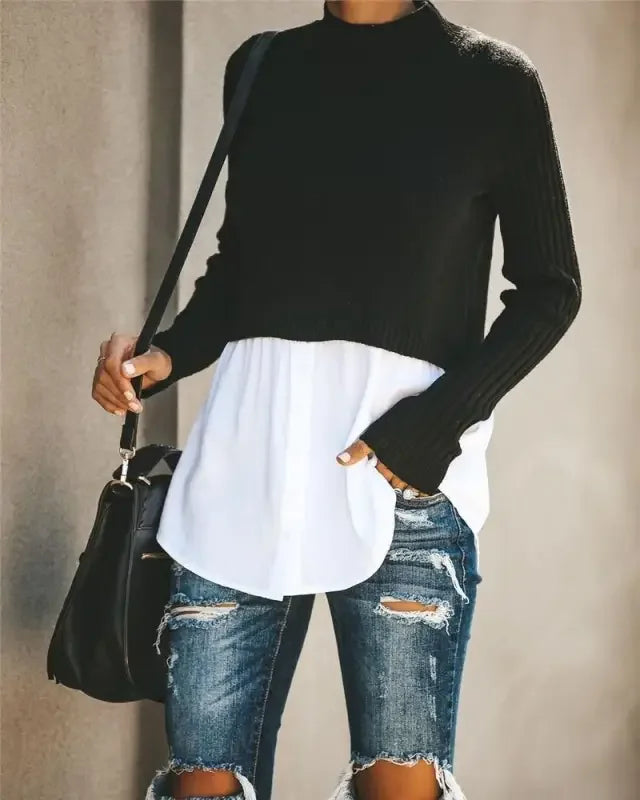 Distressed jeans with layered knit sweater shirt from Chic Layered Knit Sweater Look collection
