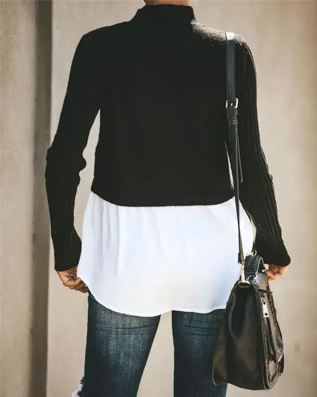 Black layered knit sweater with white shirt extender in Chic Layered Knit Sweater Shirt Look