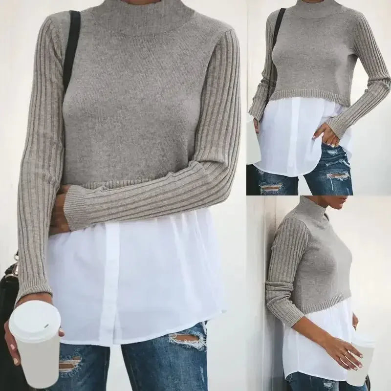 Gray layered knit sweater with shirt extender from Chic Layered Knit Sweater Shirt Look