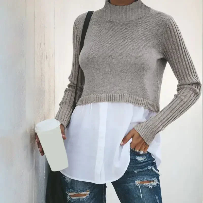 Gray cropped layered knit sweater shirt with white blouse from Chic Layered Knit Sweater Look