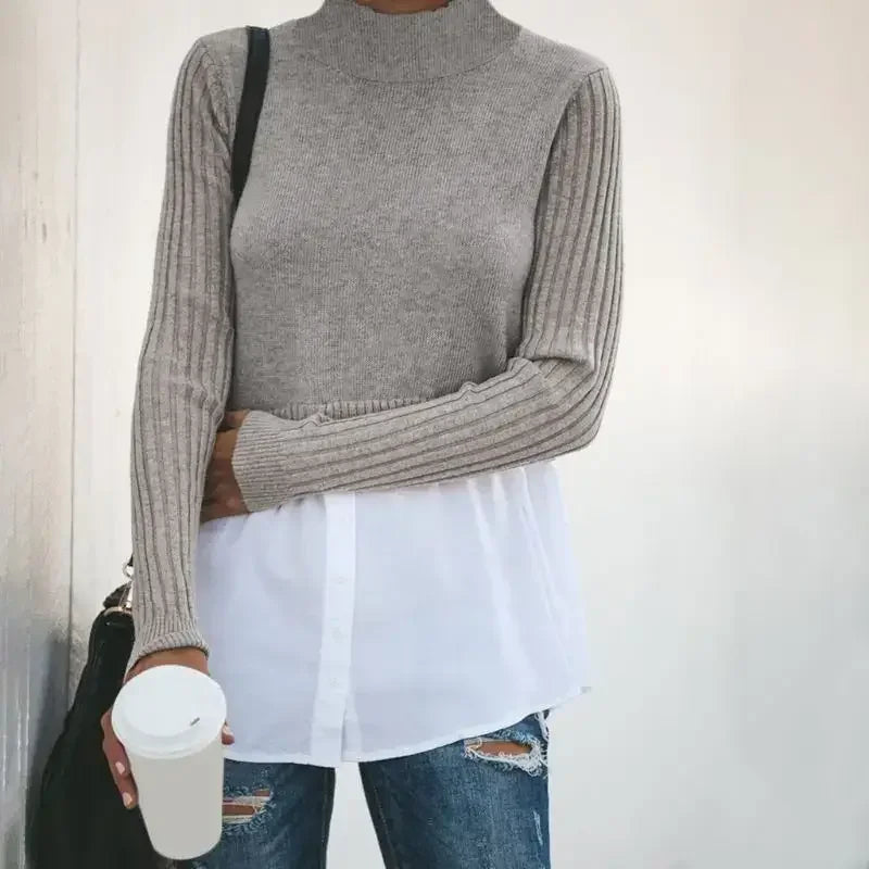 Gray ribbed knit sweater with white shirt extender, Chic Layered Knit Sweater Shirt Look