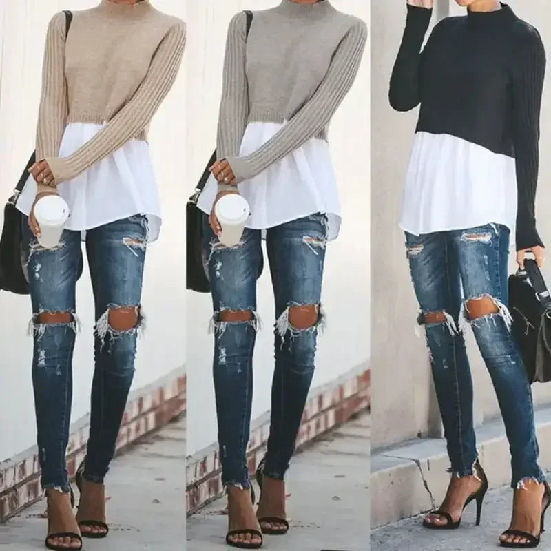 Three women wearing ripped jeans and layered knit sweater shirts showcasing chic layered knit style