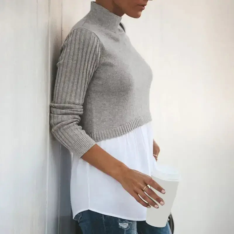 Gray cropped layered knit sweater shirt with white shirt, stylish chic layered knit look