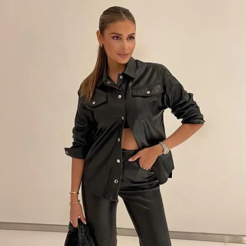 Black Leather Women Shirt Top | Fashionsarah.com