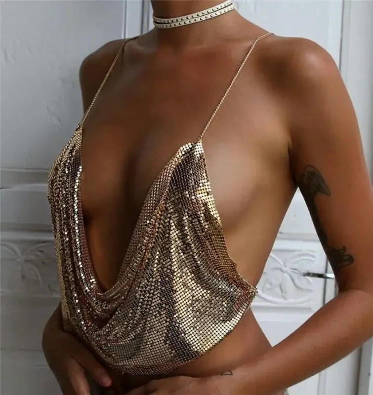 Gold chainmail halter top from Shiny Camis Tops, stylish shiny camis for fashionable looks