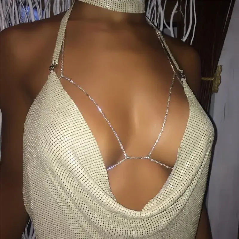 Sparkly halter top with chain bra from Shiny Camis Tops collection, perfect camis tops for stylish wear