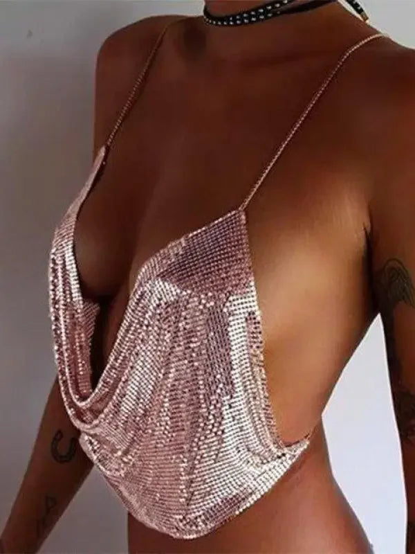 Metallic chainmail halter top from Shiny Camis Tops for a stylish look