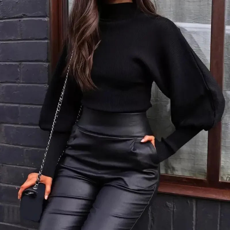 Sweater Turtle Neck Puff Sleeve Women Tops | Fashionsarah.com