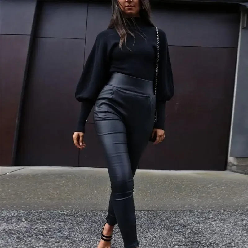 Sweater Turtle Neck Puff Sleeve Women Tops | Fashionsarah.com