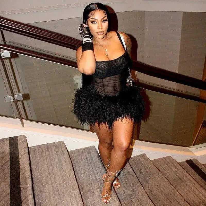 Spaghetti Feather Detail Dress | Fashionsarah.com