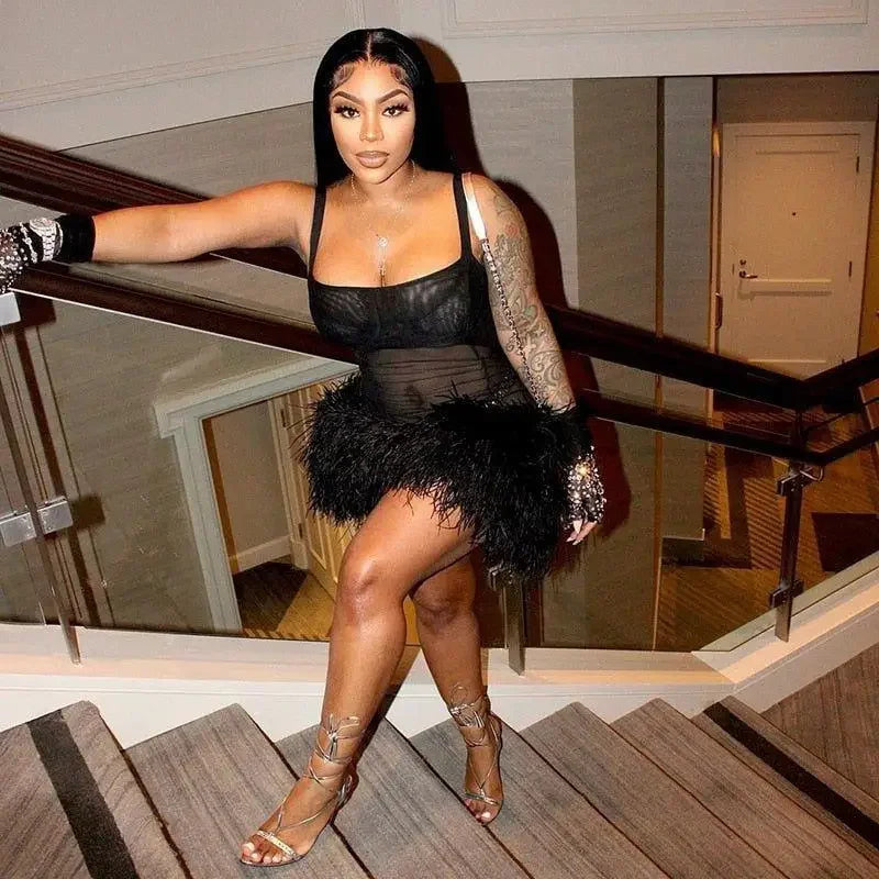 Spaghetti Feather Detail Dress | Fashionsarah.com