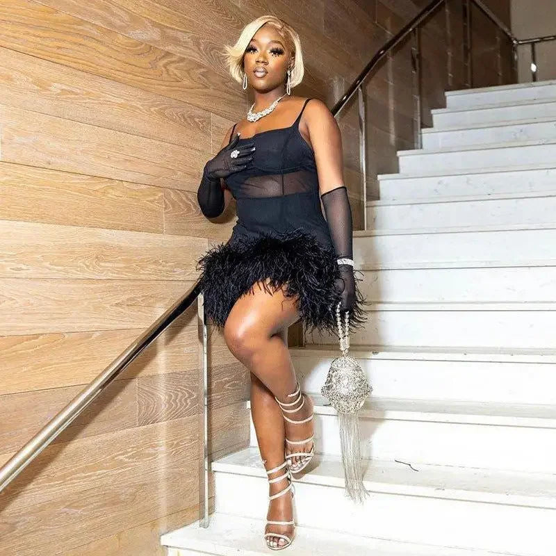 Spaghetti Feather Detail Dress | Fashionsarah.com