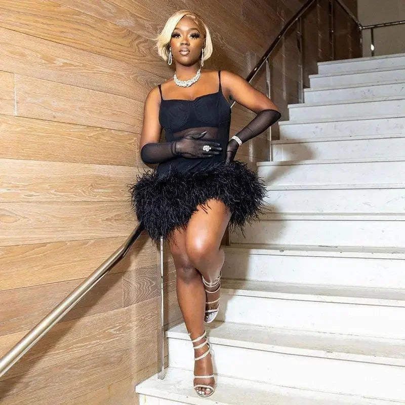 Spaghetti Feather Detail Dress | Fashionsarah.com