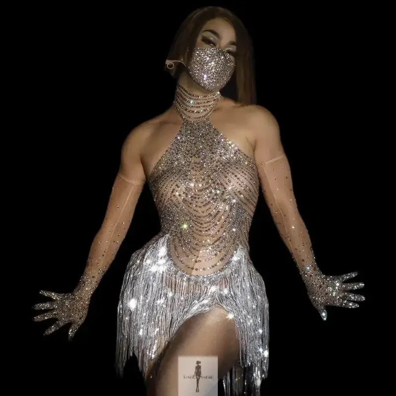 Fashionsarah.com Fashionsarah.com Sparkly Rhinestone Transparent Dress with Gloves and Mask