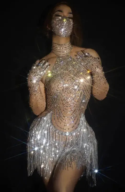Fashionsarah.com Fashionsarah.com Sparkly Rhinestone Transparent Dress with Gloves and Mask