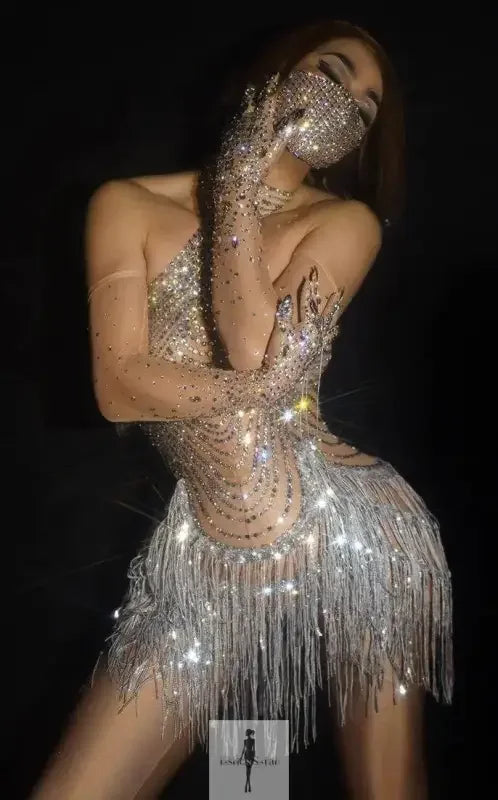 Fashionsarah.com Fashionsarah.com Sparkly Rhinestone Transparent Dress with Gloves and Mask