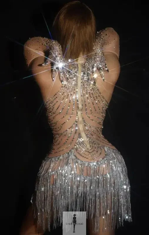 Fashionsarah.com Fashionsarah.com Sparkly Rhinestone Transparent Dress with Gloves and Mask