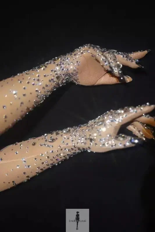 Fashionsarah.com Fashionsarah.com Sparkly Rhinestone Transparent Dress with Gloves and Mask