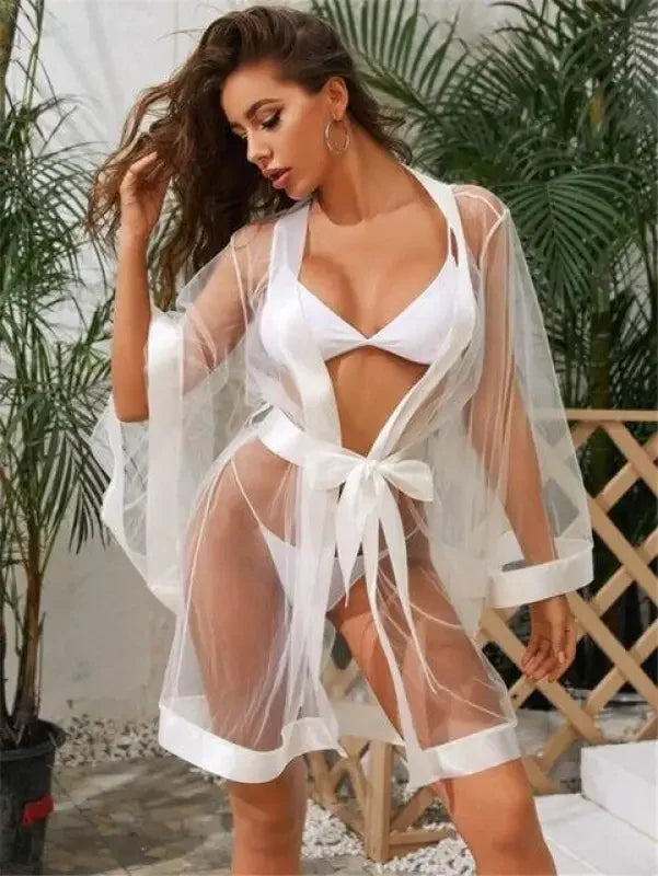 Mesh Kimono Robe + Belt + G-String 3 Piece Set | Fashionsarah.com