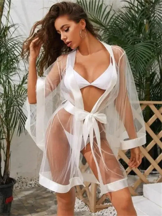 Mesh Kimono Robe + Belt + G-String 3 Piece Set | Fashionsarah.com
