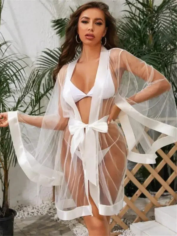 Mesh Kimono Robe + Belt + G-String 3 Piece Set | Fashionsarah.com
