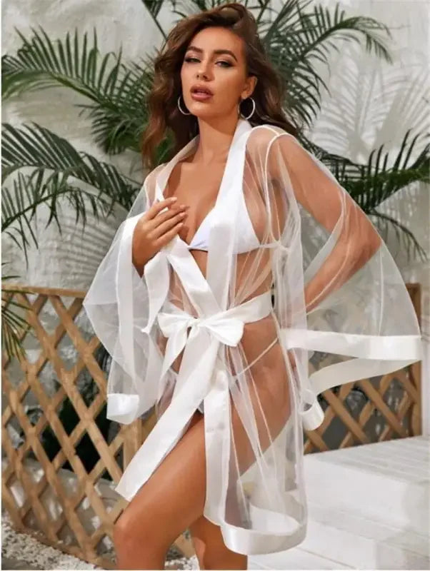 Mesh Kimono Robe + Belt + G-String 3 Piece Set | Fashionsarah.com