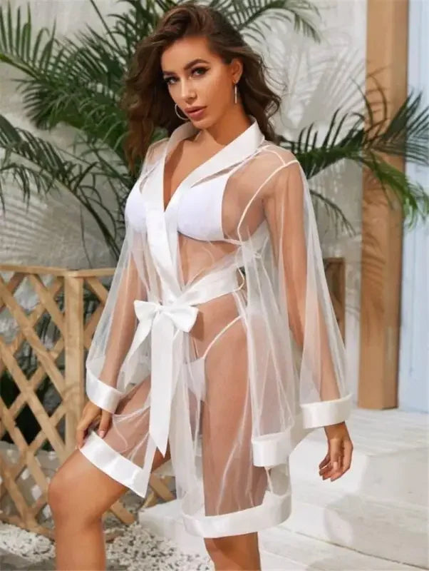 Mesh Kimono Robe + Belt + G-String 3 Piece Set | Fashionsarah.com