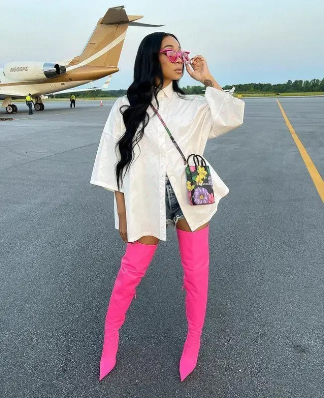 Pink Over the Knee Leather Boots | Fashionsarah.com